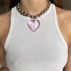 Girls Party Jewelry Short Choker Necklaces For Women Beads Chains Colorful Glass Hip Hop Minimalist Love Heart Pendant - pink, 21cm-50cm