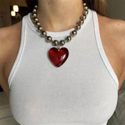 Girls Party Jewelry Short Choker Necklaces For Women Beads Chains Colorful Glass Hip Hop Minimalist Love Heart Pendant - red, 21cm-50cm