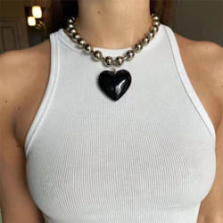 Girls Party Jewelry Short Choker Necklaces For Women Beads Chains Colorful Glass Hip Hop Minimalist Love Heart Pendant - black, 21cm-50cm
