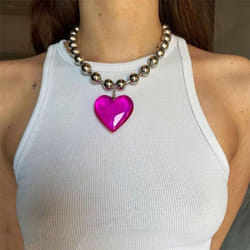 Girls Party Jewelry Short Choker Necklaces For Women Beads Chains Colorful Glass Hip Hop Minimalist Love Heart Pendant - rose red, 21cm-50cm