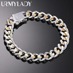 925 Sterling Silver Gold Exquisite 10mm Chain Bracelet Jewelry Mb257