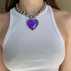 Girls Party Jewelry Short Choker Necklaces For Women Beads Chains Colorful Glass Hip Hop Minimalist Love Heart Pendant - violet, 21cm-50cm