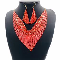 "european & American Sequin Silk Triangle Scarf & Exaggerated Clavicle Necklace Earrings Set For Women" - red