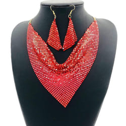 &quot;european & American Sequin Silk Triangle Scarf & Exaggerated Clavicle Necklace Earrings Set For Women&quot; - red