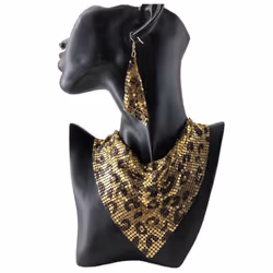 &quot;european & American Sequin Silk Triangle Scarf & Exaggerated Clavicle Necklace Earrings Set For Women&quot; - red