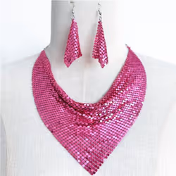 &quot;european & American Sequin Silk Triangle Scarf & Exaggerated Clavicle Necklace Earrings Set For Women&quot; - rose red