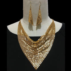 &quot;european & American Sequin Silk Triangle Scarf & Exaggerated Clavicle Necklace Earrings Set For Women&quot; - gold