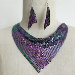 &quot;european & American Sequin Silk Triangle Scarf & Exaggerated Clavicle Necklace Earrings Set For Women&quot; - as the picture