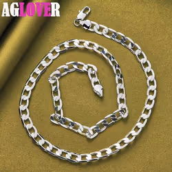 925 Sterling Silver 8mm Flat Side Chain 16/18/20/22/24 Inch Necklace Jewelry - 55cm