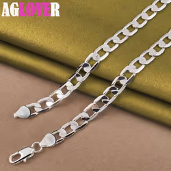 925 Sterling Silver 8mm Flat Side Chain 16/18/20/22/24 Inch Necklace Jewelry - 60cm