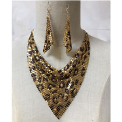 &quot;european & American Sequin Silk Triangle Scarf & Exaggerated Clavicle Necklace Earrings Set For Women&quot; - golden,leopard