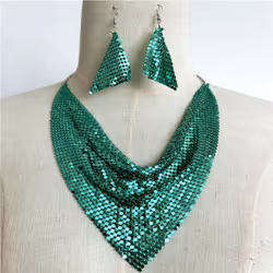 "european & American Sequin Silk Triangle Scarf & Exaggerated Clavicle Necklace Earrings Set For Women" - green