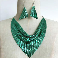 &quot;european & American Sequin Silk Triangle Scarf & Exaggerated Clavicle Necklace Earrings Set For Women&quot; - green