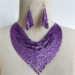 "european & American Sequin Silk Triangle Scarf & Exaggerated Clavicle Necklace Earrings Set For Women" - purple