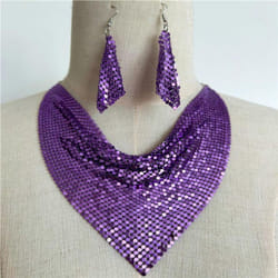 &quot;european & American Sequin Silk Triangle Scarf & Exaggerated Clavicle Necklace Earrings Set For Women&quot; - purple