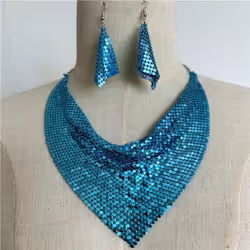 &quot;european & American Sequin Silk Triangle Scarf & Exaggerated Clavicle Necklace Earrings Set For Women&quot; - sky blue