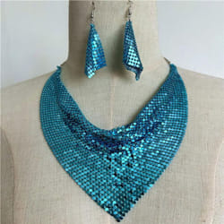 &quot;european & American Sequin Silk Triangle Scarf & Exaggerated Clavicle Necklace Earrings Set For Women&quot; - sky blue
