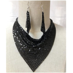 &quot;european & American Sequin Silk Triangle Scarf & Exaggerated Clavicle Necklace Earrings Set For Women&quot; - black