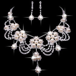 Women&apos;s Luxury Rhinestone Faux Pearl Necklace Earring Wedding Bridal Jewelry Set