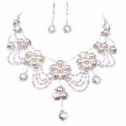Women&apos;s Luxury Rhinestone Faux Pearl Necklace Earring Wedding Bridal Jewelry Set