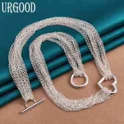 925 Sterling Silver Multi Chain Heart Necklace Fashion Jewelry - 45cm