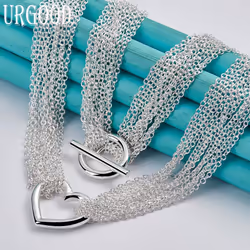 925 Sterling Silver Multi Chain Heart Necklace Fashion Jewelry - 45cm