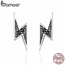 Bamoer New Arrival 100% 925 Sterling Silver Exquisite Lightning & Black Cz Stud Earrings