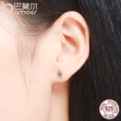 Bamoer New Arrival 100% 925 Sterling Silver Exquisite Lightning & Black Cz Stud Earrings
