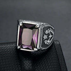 Hip Hop Punk Vintage Ring For Men 316 Stainless Steel With Multicoloured Stones Tulip Motif Jewellery Men&apos;s Party Ring - purple, 7