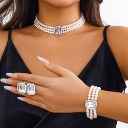 3pcs/set Multilayer Chain Necklace Bracelet For Women Wedding Bridal Goth Stud Earrings Jewelry Set Accessories - silver