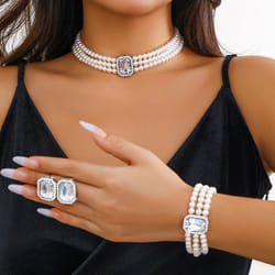 3pcs/set Multilayer Chain Necklace Bracelet For Women Wedding Bridal Goth Stud Earrings Jewelry Set Accessories - silver