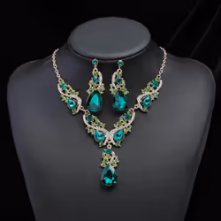 2pcs/set Women Rhinestone Pendant Vintage Necklace Earrings Jewelry - green