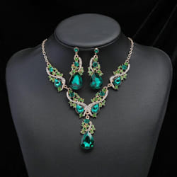 2pcs/set Women Rhinestone Pendant Vintage Necklace Earrings Jewelry - green