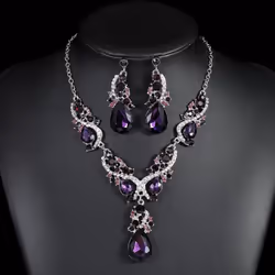 2pcs/set Women Rhinestone Pendant Vintage Necklace Earrings Jewelry - purple