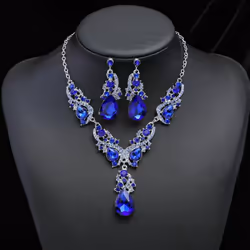 2pcs/set Women Rhinestone Pendant Vintage Necklace Earrings Jewelry - blue