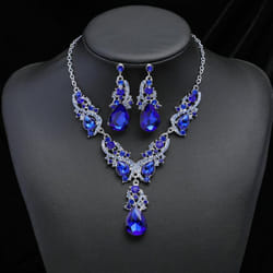 2pcs/set Women Rhinestone Pendant Vintage Necklace Earrings Jewelry - blue