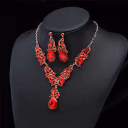 2pcs/set Women Rhinestone Pendant Vintage Necklace Earrings Jewelry - red