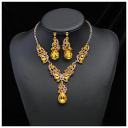 2pcs/set Women Rhinestone Pendant Vintage Necklace Earrings Jewelry - gold