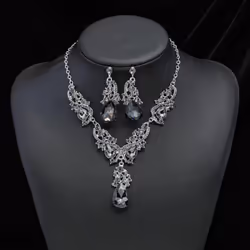 2pcs/set Women Rhinestone Pendant Vintage Necklace Earrings Jewelry - gray