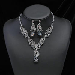 2pcs/set Women Rhinestone Pendant Vintage Necklace Earrings Jewelry - gray