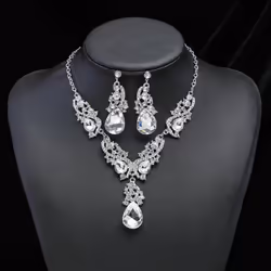 2pcs/set Women Rhinestone Pendant Vintage Necklace Earrings Jewelry - white