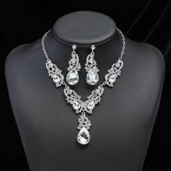 2pcs/set Women Rhinestone Pendant Vintage Necklace Earrings Jewelry - white