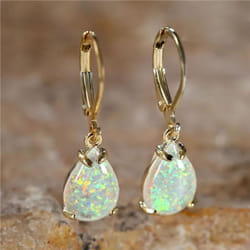 Vintage White Fire Opal Water Drop Earrings For Women Luxury Yellow Gold Color Dangle Earrings Bohemian Jewelry - gold,white