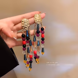 Womens Needle Color Crystal Tassel Earrings