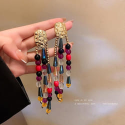 Womens Needle Color Crystal Tassel Earrings