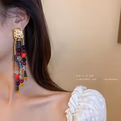 Womens Needle Color Crystal Tassel Earrings