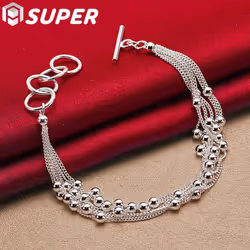925 Sterling Silver Smooth Beads Multi-chain Bracelet Jewelry