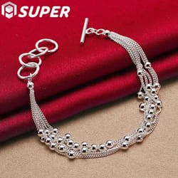 925 Sterling Silver Smooth Beads Multi-chain Bracelet  Jewelry