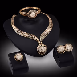 Women Banquet Wedding Party Hollow Rhinestone Necklace Bracelet Ring Earrings Set
