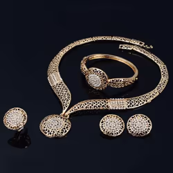 Women Banquet Wedding Party Hollow Rhinestone Necklace Bracelet Ring Earrings Set